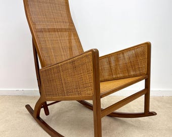 mid century studio craft rocker sculptural walnut woven cane rocking chair