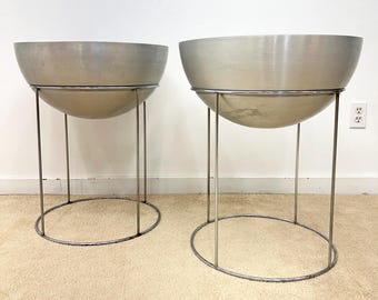 vintage Hugh Acton spun aluminum large pedestal planters plant stand mid century