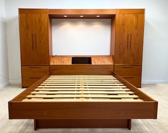 Danish Modern teak queen floating platform bed dresser wardrobe nighstand storage Westnofa mid century XLNT