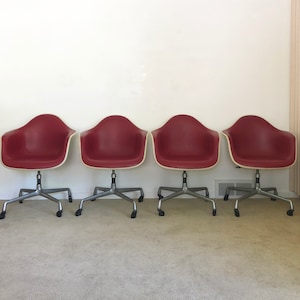 Herman Miller (4) Eames upholstered fiberglass arm shell chairs office base mid century
