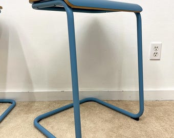 Knoll toboggan pull up table stool seating desk blue Antenna Design mid century