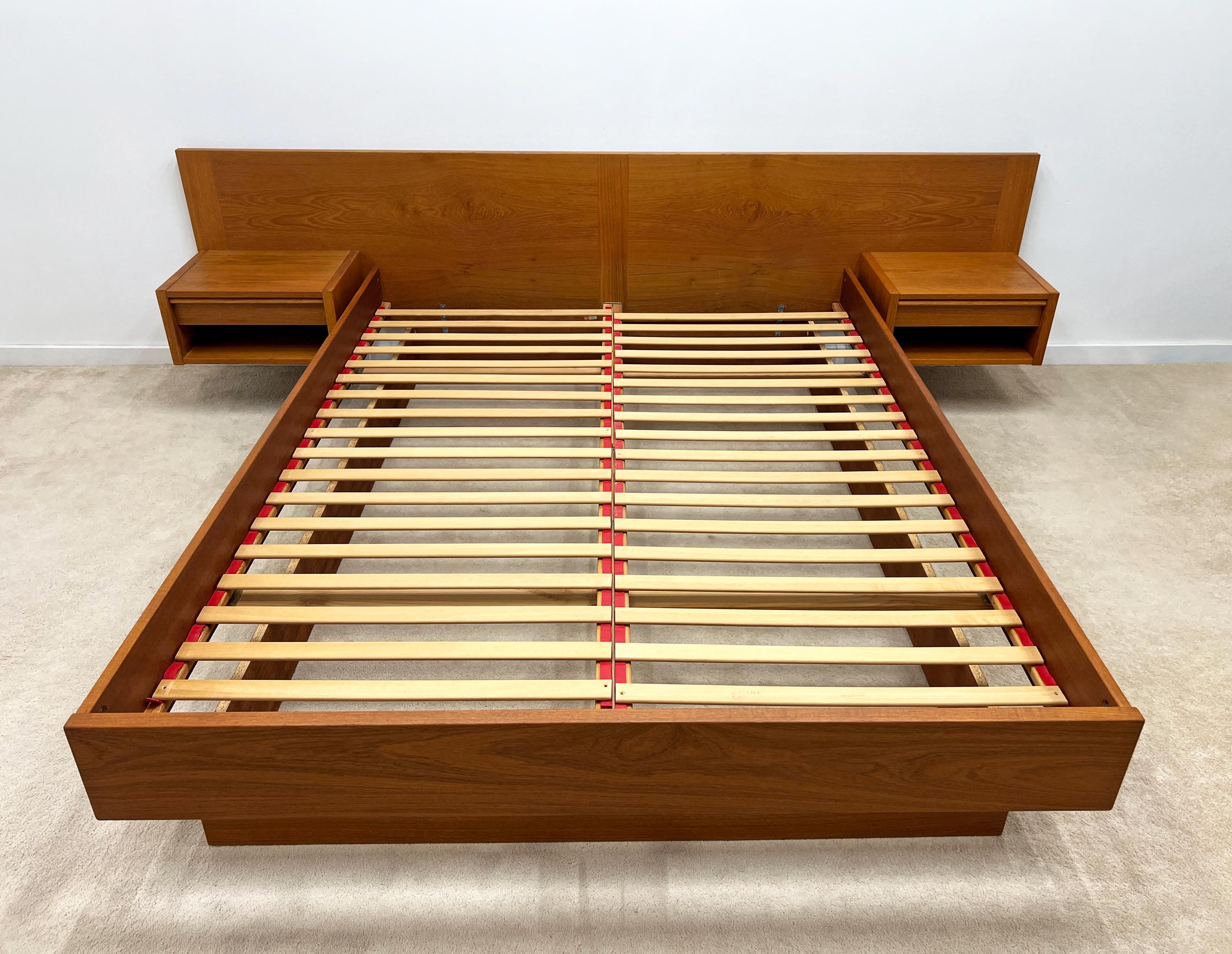 Danish Modern FM teak queen floating platform bed with headboard nightstands mid century