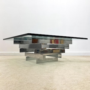 vintage mid century Paul Mayen Habitat architectural stainless glass coffee table