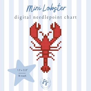 May include: A digital needlepoint chart titled Mini Lobster featuring a red pixelated lobster graphic. A light blue star shape displays the dimensions 1.2 x 2.0 inches and 18 mesh. The background consists of light blue and white vertical stripes.