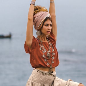 Women's Cap Crop Top Rust / Natural Cotton /Boho Top