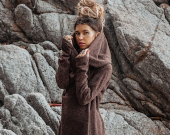 Womens Hooded Sweater Coat Amita In Brown / Half Season Coat Pullover / Bohemian
