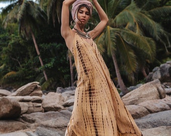 Boho Maxi Kleid Beige / Strand Cover Up / Sommer Batiken Kleid