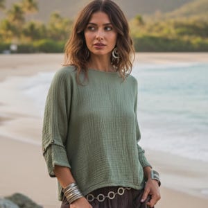 Women's Gauze Cotton Top Shirt Sage Grey / Boho Organic Cotton Top