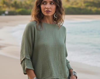 Hand-Dyed Organic Gauze Cotton Top: Sage Grey, Boho Style