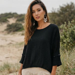 Women's Gauze Cotton Top Shirt Black / Boho Organic Cotton Top