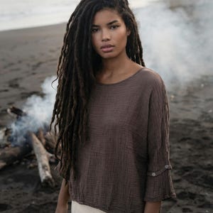 Women's Gauze Cotton Top Shirt Mocha / Boho Organic Cotton Top