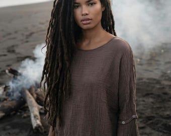 Organic Gauze Cotton Top: Mocha Boho Shirt, Hand-Dyed, US 0-12