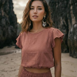 Top corto de algodón para mujer / Camisa bohemia / Blusa corta minimalista