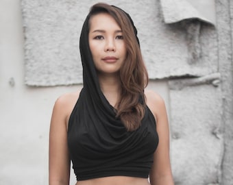Backless Hood Top Cowl Necked Hood Crop Top.