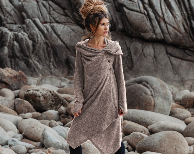 Womens Hooded Sweater Coat Amita In Beige / Half Season Coat Pullover / Bohemian