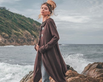 Women's Long Hooded Cardigan Brown / Boho Style Cardigan