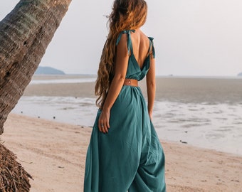 Raw Cotton Jumpsuit Amaseena Teal / Yoga Boho Jumpsuit / White Leg Jumpsuit