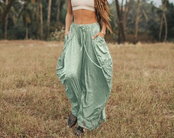 Convertible Maxi Skirt Palazzo Pants in Mythic Green / Super Soft Cotton / Pockets / Fits Plus Size