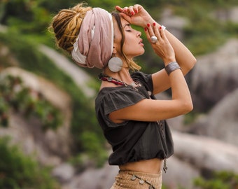 Top corto con cappuccio da donna nero/cotone naturale/top boho