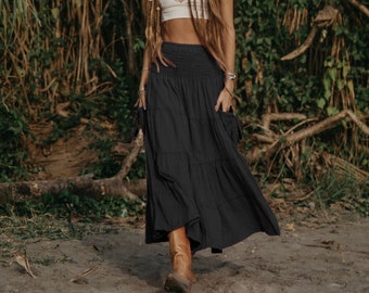 Maxi Skirt Calypso Black / Boho Skirt 100% Natural Cotton / Long Skirt with Pockets