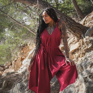 Raw Cotton Jumpsuit Amaseena Red / Yoga Boho Jumpsuit / White Leg Jumpsuit