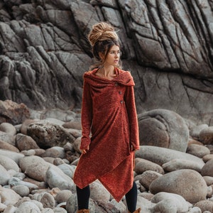Womens Hooded Sweater Coat Amita In Brick / Half Season Coat Pullover / Bohemian