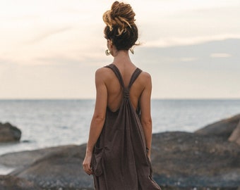 Robe Poche Sans Manches Mahika Marron / Robe Boho / 100% Coton