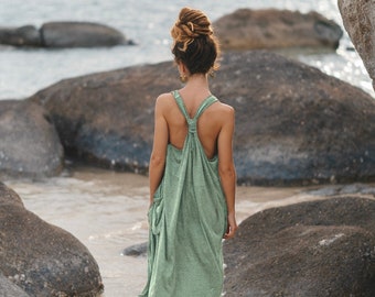 Robe Poche Sans Manches Mahika Mythic Green / Robe Boho / 100% Coton