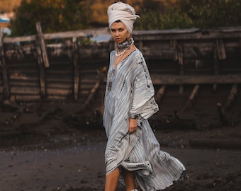 Kaftan Maxi Dress in Light Grey / Boho Dress / Fits Plus Size / Loose Fit Tie Dye Long Dress / Beach Cover Up