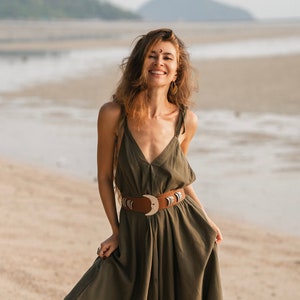 Raw Cotton Jumpsuit Amaseena Olive / Yoga Boho Jumpsuit / White Leg Jumpsuit