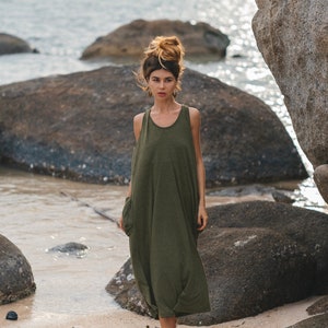 Sleeveless Pocket Dress Mahika Brown / Bohemian Dress / 100% Cotton Olive