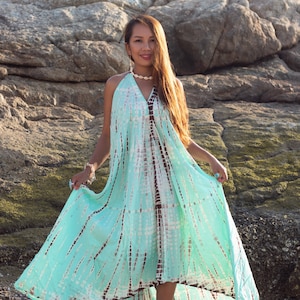 Boho Maxi Dress Turquoise / Open Back Dress / Summer Tie Dye Dress