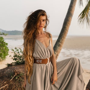 Raw Cotton Jumpsuit Amaseena Beige / Yoga Boho Jumpsuit / White Leg Jumpsuit