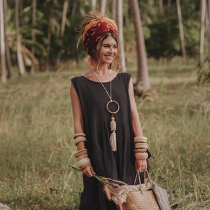 Boho Dress Maxi Wayan with Pockets / Bohemian Dress / Natural Cotton Black
