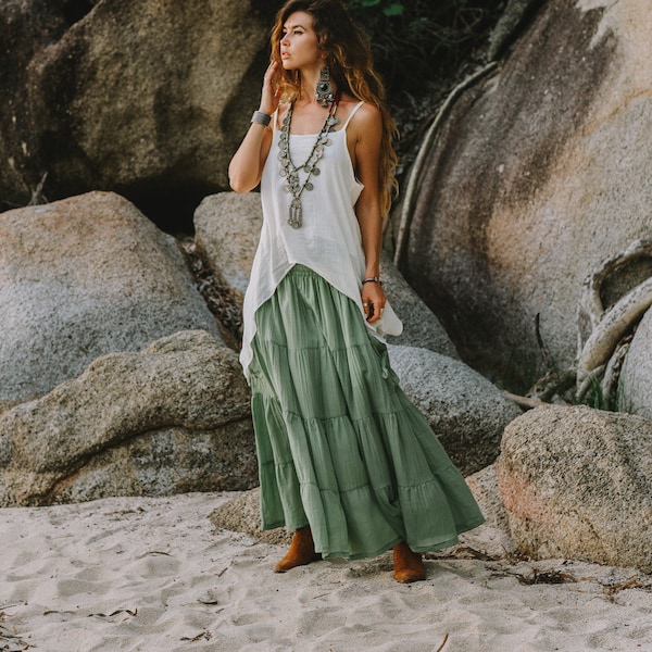 Maxi Skirt Calypso Fern / Boho Skirt 100% Natural Cotton / Long Skirt with Pockets