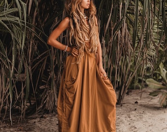 Spódnica maxi z bawełny | Długa spódnica z ekologicznej skóry z kieszeniami | Regulowana długość