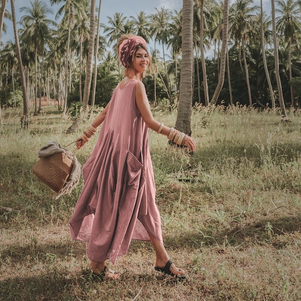 Boho Dress Maxi Wayan with Pockets / Bohemian Dress / Natural Cotton