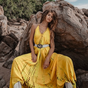 Boho Maxi Dress Yellow / Beach Cover Up / Summer Tie Dye Dress