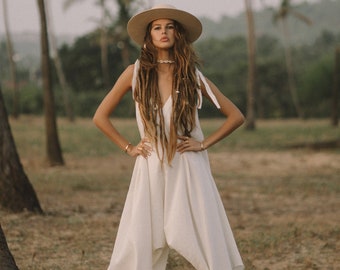 Raw Cotton Jumpsuit Amaseena Cream / Yoga Boho Jumpsuit / White Leg Jumpsuit