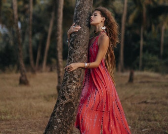 Boho Maxi Dress Rosso / Beach Cover Up / Summer Tie Dye Dress