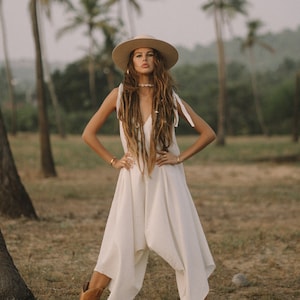 Raw Cotton Jumpsuit Amaseena Cream / Yoga Boho Jumpsuit / White Leg Jumpsuit