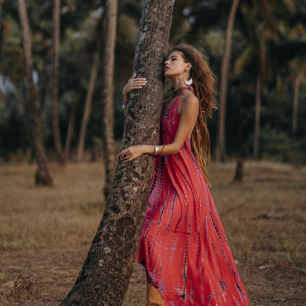 Boho Maxi Dress Red / Beach Cover Up / Summer Tie Dye Dress