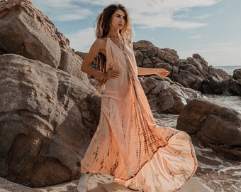 Boho Maxi Dress Peach / Beach Cover Up / Summer Tie Dye Dress
