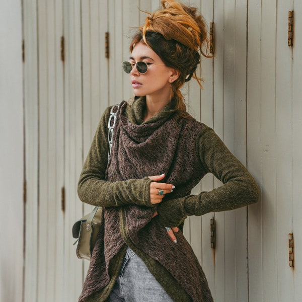 Women's Sweater Cardigan Jacket Mila in Olive / Half Season Jacket Pullover