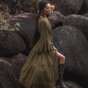 Boho Maxi Dress / Cotton Tiered Dress / Long Sleeve Fall Gown  / Flowy Cottagecore Outfit / Natural Fabric / Aryu Dress