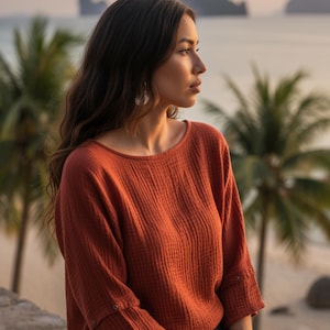 Women's Gauze Cotton Top Shirt Rust / Boho Organic Cotton Top