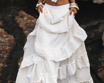 Cotton Boho Ruffle Skirt Undyed / Maxi Tiered Organic Cotton Skirt