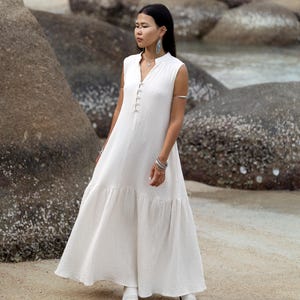 Maxi Cotton Dress with Pockets / Sleeveless Boho Dress Aiyana Cream