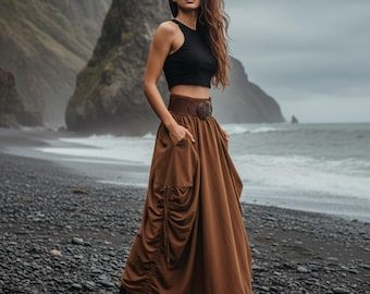 Spódnica maxi z bawełny | Długa spódnica z ekologicznej skóry z kieszeniami | Regulowana długość