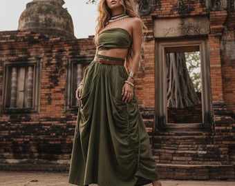 Spódnica maxi z bawełny | Długa spódnica z ekologicznej skóry z kieszeniami | Regulowana długość